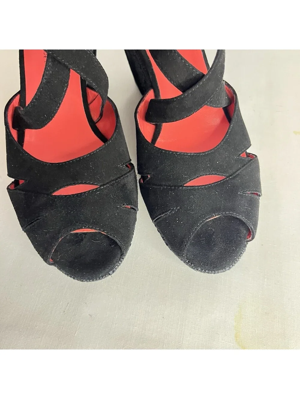 Pas De Rouge Italy Black Suede Platform Wedge Sandal Sz 37 US 6.5